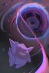  absurdres chromatic_aberration commentary_request energy_ball from_below gengar grin highres looking_down no_humans pokemon pokemon_(creature) smile solo teeth ushien 