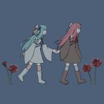  2girls black_eyes black_footwear blue_background blue_hair blue_ribbon blue_thighhighs blunt_bangs boots closed_mouth commentary_request detached_sleeves dress floating_hair flower flower_knot from_side full_body grey_dress grey_footwear hair_ribbon holding_hands knee_boots kotonoha_akane kotonoha_aoi long_hair looking_at_another multiple_girls open_mouth pink_hair pink_thighhighs profile red_ribbon ribbon sano_(chappy) siblings sisters smile spider_lily thighhighs voiceroid walking wide_sleeves 