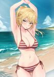  1girl armpits arms_up beach bikini blonde_hair blue_eyes blue_sky breasts highres long_hair looking_at_viewer medium_breasts navel original ponytail red_bikini side-tie_bikini_bottom sky solo striped striped_bikini swimsuit try_(lsc) 