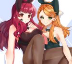  2girls animal_ears breasts cleavage closed_mouth edamameoka etie_(fire_emblem) facial_mark fire_emblem fire_emblem_engage green_eyes hair_ornament highres long_hair looking_at_viewer multiple_girls orange_hair pantyhose rabbit_ears red_eyes red_hair simple_background star_(symbol) star_hair_ornament yunaka_(fire_emblem) 