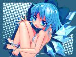  1girl aqua_eyes bare_arms bare_shoulders barefoot bikini blue_bow blue_eyes blue_hair blue_pupils blue_wings bottomless bow breasts chromatic_aberration cirno crossed_bangs detached_wings fairy fang hair_bow highres ice ice_wings light_blue_hair looking_at_viewer multicolored_eyes open_mouth short_hair sitting skin_fang small_breasts solo striped striped_bikini swimsuit toenails touhou tsukiyono_aroe untied_bikini wings 