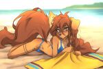  2023 absurd_res anthro apogee_(tinygaypirate) beach beach_towel bikini braided_hair breasts bridge_piercing canid canine canis clothed clothing digital_media_(artwork) domestic_dog ear_piercing ear_ring facial_piercing female female_anthro floppy_ears fur hair hi_res kemono long_hair looking_at_viewer mammal multicolored_body multicolored_fur nose_piercing piercing ring_piercing sea seaside small_breasts solo spitz surface_piercing swimwear tattoo tinygaypirate towel water 