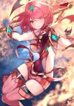  1girl absurdres aegis_sword_(xenoblade) black_gloves bob_cut breasts earrings fingerless_gloves gloves highres holding holding_sword holding_weapon jewelry large_breasts pyra_(xenoblade) red_eyes red_hair red_shorts risumi_(taka-fallcherryblossom) short_hair short_shorts shorts solo swept_bangs sword thighhighs tiara twisted_torso weapon xenoblade_chronicles_(series) xenoblade_chronicles_2 