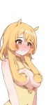  1girl @_@ absurdres animal_ears blonde_hair blush breasts china_dress chinese_clothes chung_(ugwa) closed_mouth dress hair_between_breasts hair_over_breasts highres long_hair medium_breasts original solo ugwa yellow_dress yellow_eyes 
