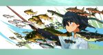  1girl air_bubble animal animal_request black_hair black_sleeves blue_eyes bubble eel fish fish_request fishing fishing_rod from_side highres holding holding_fishing_rod layered_sleeves letterboxed long_sleeves looking_ahead natsuno_kanasemi original outstretched_arm profile school_of_fish seaweed shirt short_over_long_sleeves short_sleeves t-shirt twintails underwater upper_body white_background white_shirt 