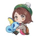  +_+ 1girl :t backpack bag blush_stickers boots brown_bag brown_eyes brown_hair cable_knit cardigan chibi closed_mouth collared_dress commentary dress gloria_(pokemon) green_headwear green_socks grey_cardigan hat holding holding_pokemon hooded_cardigan pink_dress plaid_socks pokemon pokemon_(creature) pokemon_(game) pokemon_swsh simple_background sitting sobble socks symbol-only_commentary tako2_eaka tam_o&#039;_shanter twitter_username watermark white_background 
