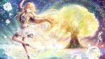  1girl artist_request bare_legs barefoot blonde_hair bubble character_request copyright_request dancing full_body hair_between_eyes long_hair non-web_source pointy_ears skirt sky source_request star_(sky) starry_sky tree water white_skirt 