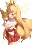  1girl :q absurdres ahoge animal_ears blonde_hair blue_eyes blush breasts facial_mark fox_ears fox_girl fox_tail heart heart-shaped_pupils high-waist_skirt highres hikimayu hip_vent large_breasts licking_lips long_hair miniskirt oppai_loli original sideboob simple_background skirt sleeveless symbol-shaped_pupils tail tangyitu1 tongue tongue_out very_long_hair wristband 