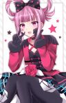  1girl black_bow black_dress black_gloves black_pantyhose bow dress facial_mark fire_emblem fire_emblem_engage floral_print frilled_dress frills gloves hair_bow hair_rings hand_on_own_face heart heart_facial_mark highres hortensia_(fire_emblem) jacket kirishima_riona knees_up looking_at_viewer open_mouth pantyhose pink_eyes pink_hair polka_dot polka_dot_bow red_jacket rose_print sitting smile solo star_(symbol) v 