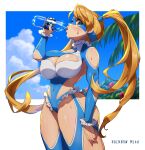  1girl absurdres beach blonde_hair blue_eyes blue_leotard blue_sky bottle breasts character_name cleavage cleavage_cutout clothing_cutout cloud coconut_tree drinking elbow_cutout heart_cutout highres large_breasts leotard long_hair looking_at_viewer mask mefuchan muscular palm_tree rainbow_mika shoulder_cutout sky solo street_fighter street_fighter_zero_(series) sweat tree twintails water_bottle wrestler wrestling_mask wrestling_outfit 