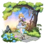  1girl absurdres axe bag blonde_hair bouquet bush counter:side gloves hair_between_eyes hair_ornament highres holding holding_bouquet kaci_bins looking_at_viewer outdoors rock sky socks solo tachi-e tree yellow_eyes 
