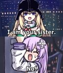  2girls bare_shoulders black_headwear blonde_hair blue_eyes blush breasts cleavage closed_eyes d-pad d-pad_hair_ornament english_commentary english_text hair_ornament helmet long_hair multiple_girls nepgear neptune_(series) open_mouth parody shimontaru smile star_wars star_wars:_the_empire_strikes_back sweatdrop upper_body vert_(neptune_series) 