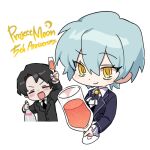  1boy 1girl alcohol angela_(project_moon) anniversary arm_up ascot bbunny black_hair black_jacket black_necktie blue_hair blush bottle champagne chibi closed_mouth cup frilled_sleeves frills holding holding_bottle holding_cup jacket library_of_ruina long_sleeves looking_at_viewer necktie project_moon roland_(library_of_ruina) short_hair smile transparent_background upper_body white_ascot 