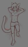  absurd_res anthro bottomwear clothed clothing digital_media_(artwork) digitigrade felid feline fur hair hands_behind_head hi_res hypohate looking_at_viewer lying male mammal monochrome olezka_(sausysandwich) on_back partially_clothed serval simple_background smile solo tail underwear 