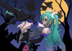  1girl absurdres aqua_hair black_thighhighs detached_sleeves floating from_side gengar ghost ghost_miku_(project_voltage) glitch gradient_hair graveyard grey_shirt hatsune_miku highres kaisenkurage litwick long_hair mimikyu mismagius moon multicolored_hair necktie night pokemon pokemon_(creature) project_voltage pumpkaboo shirt skirt sleeves_past_fingers sleeves_past_wrists thighhighs tombstone tree twintails very_long_hair vocaloid will-o&#039;-the-wisp_(mythology) yellow_eyes 