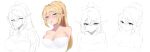  1girl :o blonde_hair bow breasts collarbone dress elf expressions feng_mouren glasses hair_bow large_breasts neck_ribbon original partially_colored pointy_ears ponytail ribbon sketch sleeveless sleeveless_dress strapless strapless_dress upper_body white_dress 