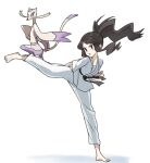  1girl asamaru1225 barefoot black_hair blue_eyes clenched_hand collarbone commentary_request dougi full_body hilda_(pokemon) karate_gi long_hair mienshao pants parted_lips pokemon pokemon_(creature) pokemon_(game) pokemon_bw ponytail sarashi shadow sidelocks simple_background standing standing_on_one_leg v-shaped_eyebrows white_background white_pants 