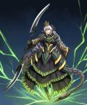  1girl armored_boots ascot black_dress boots crown dress drill_hair frilled_dress frills full_body glaive_(polearm) green_eyes grey_hair highres holding holding_polearm holding_weapon horns long_hair monster_girl original pointy_ears polearm solo substance20 tail weapon wide_sleeves 