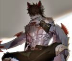  1boy abs animal_ears animal_hands arm_tattoo blood blood_on_arm blood_on_chest blood_on_face body_fur brown_hair claws closed_mouth fish7163 furry furry_male grey_background grey_fur hair_between_eyes hand_up highres injury looking_at_viewer low_ponytail male_focus open_fly original red_eyes scar scar_on_chest short_hair simple_background sitting solo tail tattoo toned toned_male two-tone_background white_background wiping_blood wiping_mouth wolf_boy wolf_ears 