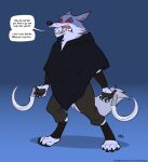  2023 annoyed_expression anthro blue_background canid canine canis death_(puss_in_boots) dialogue dreamworks english_text kobi_lacroix male mammal puss_in_boots_(dreamworks) sickle simple_background solo speech_bubble standing text wolf 