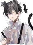  1boy a20190422 animal_ears arrow_(symbol) black_hair cat_boy cat_ears cat_tail collared_shirt copyright_request grey_eyes heterochromia highres male_focus multiple_piercings neck_tattoo purple_eyes shirt short_hair simple_background solo tail tattoo white_background white_shirt 