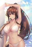  1girl arm_up bare_arms bare_shoulders bikini breasts brown_eyes brown_hair closed_mouth collarbone highres kantai_collection kasumi_(skchkko) large_breasts long_hair looking_at_viewer navel one_eye_closed ponytail smile solo swimsuit very_long_hair white_bikini yamato_(kancolle) 