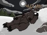  anthro antlers belly big_breasts breasts brown_body brown_fur deer female full_moon fur genitals hi_res horn inviting lying mammal moon moose new_world_deer nipples nude on_side outside plant slightly_chubby snow solo tree trout_(artist) 