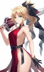  1girl bare_shoulders belt black_gloves blonde_hair braid breasts clarent_(fate) closed_mouth commentary_request dress fate/apocrypha fate_(series) french_braid gloves green_eyes hair_ribbon highres long_hair looking_at_viewer mordred_(fate) mordred_(fate/apocrypha) parted_bangs ponytail red_dress ribbon sideboob sideless_outfit sidelocks small_breasts solo sword thighs tonee variant_set weapon 