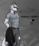  absurd_res anthro belt blue_eyes bottomwear canid canine canis clothed clothing fur grey_background grey_markings hi_res holding_clothing holding_hoodie holding_object holding_topwear hole_in_pants hoodie male mammal markings muscular muscular_male pants rooka shirt simple_background solo speech_bubble standing t-shirt topwear watermark white_body white_fur wolf 