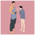  2boys apron artist_name bara barefoot black_hair black_pants blue_male_underwear blush couple crossed_arms cup grey_apron holding holding_cup kashikahaya large_pectorals looking_at_another male_focus male_underwear multiple_boys muscular muscular_male nipples original pants pectorals short_hair simple_background underwear yaoi 