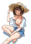  1girl alternate_costume bare_legs barefoot bikini blue_shorts blush breasts brown_eyes brown_hair cleavage collarbone commentary denim denim_shorts foot_out_of_frame h-appa hair_ribbon hat hat_ribbon highres legs looking_at_viewer medium_breasts medium_hair navel off_shoulder on_ground open_clothes open_mouth open_shirt orange_bikini ribbon romaji_commentary shorts simple_background single_bare_shoulder sitting soles solo straw_hat striped striped_bikini suzumiya_haruhi suzumiya_haruhi_no_yuuutsu swimsuit teeth thighs toes upper_teeth_only white_background white_ribbon yellow_ribbon 