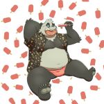  2023 anthro bear belly big_belly black_body black_nose bulge clothed clothing eyes_closed feet food giant_panda kemono male mammal moobs nipples open_clothing open_shirt open_topwear overweight overweight_male popsicle shirt sitting solo tarozato topwear underwear white_body 