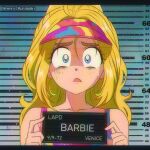  1990s_(style) 1girl animification barbie_(character) barbie_(live_action) barbie_mugshot_(meme) blonde_hair blue_eyes brenni_murasaki english_text height_chart holding holding_sign meme mugshot retro_artstyle scared sign solo 