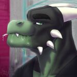  1:1 2021 acidwuff anthro black_clothing black_eyebrows black_topwear bodily_fluids bust_portrait cheek_spikes clothed clothing dated drooling eyebrows facial_spikes fangs forked_tongue green_body green_eyes green_saliva hi_res horn looking_at_viewer male mouth_closed pink_tongue portrait saliva signature solo spikes spikes_(anatomy) teeth tongue topwear unusual_bodily_fluids unusual_saliva white_horn 