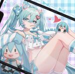  1girl aqua_eyes aqua_hair bow breasts camisole character_doll food_in_mouth frilled_camisole frills hair_between_eyes hair_bow hair_ornament hatsune_miku leg_up long_hair looking_at_viewer nail_polish natsugou_shinogi pajamas pillow pocky_in_mouth polka_dot polka_dot_pajamas sitting sleepwear stuffed_toy twintails vocaloid 