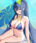  1girl asurada_yui azur_lane bare_shoulders beach_umbrella bikini blue_bikini blue_eyes blue_hair breasts cleavage closed_mouth collarbone high_ponytail highres large_breasts navel new_jersey_(azur_lane) new_jersey_(midsummer_leisure)_(azur_lane) sitting smile solo stomach swimsuit umbrella 