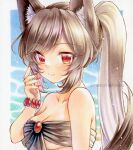  1girl alternate_hairstyle animal_ears bikini black_bikini blush breasts brown_hair cleavage closed_mouth collarbone fingernails imaizumi_kagerou large_breasts long_fingernails long_hair nail_polish nekofish666 ponytail red_eyes red_nails smile solo swimsuit tail touhou twitter_username upper_body wolf_ears wolf_tail 