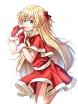  1girl alternate_costume blonde_hair blue_eyes bow capelet closed_mouth cowboy_shot dated dress finger_to_mouth fur-trimmed_capelet fur-trimmed_gloves fur_trim gloves goblin_slayer! hair_bow highres kankitukou long_hair looking_at_viewer priestess_(goblin_slayer!) red_bow red_capelet red_dress red_gloves simple_background solo upskirt white_background 
