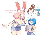  2girls ? animal_ear_fluff animal_ears black_eyes blue_hair breasts bucket cleavage cow english_text fins fish_tail fiz_(fizintine) fizintine hair_bun hand_on_another&#039;s_head holding large_breasts multiple_girls multiple_views naked_overalls open_mouth original overalls pink_hair rabbit_ears rabbit_tail shark_girl shark_tail shirt short_hair simple_background single_hair_bun tail tori_(fizintine) white_background yellow_shirt 