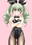 1girl absurdres anchovy_(girls_und_panzer) animal_ears ass_visible_through_thighs black_bow black_bowtie black_leotard black_pantyhose bow bowtie breasts brown_eyes cleavage commentary_request cowboy_shot crossed_arms detached_collar drill_hair fishnet_pantyhose fishnets girls_und_panzer green_hair grin highres leotard long_hair looking_at_viewer medium_breasts nanao_futaba pantyhose pink_background playboy_bunny rabbit_ears simple_background smile solo strapless strapless_leotard twin_drills twintails wrist_cuffs 