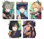  5boys absurdres alhaitham_(genshin_impact) animal_ear_fluff animal_ears animal_hat black_choker black_hair black_headwear blonde_hair chest_jewel choker closed_mouth cyno_(genshin_impact) earrings feather_hair_ornament feathers flower fox_boy fox_ears genshin_impact green_eyes green_hair grey_hair hair_ornament hair_over_one_eye hat highres holding japanese_clothes jewelry jingasa kaveh_(genshin_impact) leaf long_hair looking_at_viewer male_focus mandarin_collar mnce_o multicolored_hair multiple_boys parted_lips red_eyes scaramouche_(genshin_impact) simple_background single_earring tighnari_(genshin_impact) wanderer_(genshin_impact) white_flower 