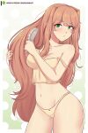 1girl :t absurdres artist_name babydoll bare_shoulders breasts brown_hair brushing_hair brushing_own_hair camisole cleavage collarbone commentary cowboy_shot doki_doki_literature_club english_commentary green_eyes groin hair_brush hair_down highres large_breasts long_hair looking_at_viewer monika_(doki_doki_literature_club) navel panties patreon_username pout raion_(raionart) simple_background solo spaghetti_strap stomach strap_slip underwear underwear_only very_long_hair yellow_camisole yellow_panties 