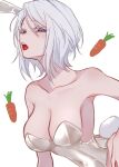 1girl animal_ears bare_shoulders blue_eyes breasts carrot cleavage collarbone commentary covered_navel fake_animal_ears fake_tail faust_(limbus_company) highres large_breasts leotard limbus_company looking_at_viewer medium_hair moth_ram open_mouth playboy_bunny project_moon rabbit_ears rabbit_tail simple_background solo symbol-only_commentary tail teeth tongue upper_teeth_only white_background white_hair white_leotard 