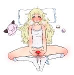  1girl blonde_hair blunt_bangs blush bottomless camisole empty_eyes female_orgasm frilled_pillow frills full-face_blush green_eyes hair_spread_out hands_on_own_crotch heal_ball heavy_breathing highres kneehighs lillie_(pokemon) long_hair lying masturbation mugicha_(mugichaikkinomi) open_mouth orgasm panties panties_around_one_leg pillow poke_ball poke_ball_(basic) pokemon pokemon_(game) pokemon_sm premier_ball pussy_juice socks stuffed_toy sweat torogao underwear white_camisole white_socks 
