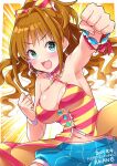 +_+ 1girl :3 armpits blue_shorts blush bow bracelet breasts brown_hair character_name cleavage detached_collar dot_nose emphasis_lines green_eyes grid_background hair_bow hair_ribbon happy_birthday high_ponytail hino_akane_(idolmaster) idolmaster idolmaster_cinderella_girls idolmaster_cinderella_girls_starlight_stage jewelry long_hair looking_at_viewer medium_breasts microphone midriff_peek multicolored_clothes navel open_mouth orange_background ponytail reaching_towards_viewer ribbon shirt shorts smile solo striped striped_ribbon striped_shirt trente v-shaped_eyebrows wristband 