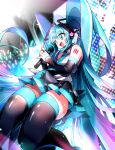  absurdly_long_hair absurdres aqua_eyes aqua_hair aqua_nails aqua_necktie bare_shoulders black_skirt black_sleeves black_thighhighs concert detached_sleeves full_body glowstick hatsune_miku headphones highres holding holding_microphone koyubisennti legs long_hair microphone necktie number_tattoo open_mouth pleated_skirt shirt shoulder_tattoo skirt sleeveless sleeveless_shirt stage stage_lights tattoo teeth thighhighs twintails upper_teeth_only very_long_hair vocaloid 