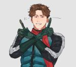  1boy armor bbbb_fex brown_hair bug gloves grasshopper green_armor green_gloves grey_background ichimonji_hayato index_fingers_raised kamen_rider kamen_rider_2 kamen_rider_2_(shin) male_focus red_eyes red_scarf scarf shin_kamen_rider simple_background smile 