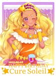  1girl amamiya_elena blonde_hair blush character_name choker cure_soleil dark-skinned_female dark_skin dated dress earrings hair_ornament hairband happy_birthday jewelry long_hair looking_at_viewer magical_girl orange_dress planet_hair_ornament precure purple_choker purple_eyes purple_hairband smile solo star_(symbol) star_choker star_color_pen star_color_pendant star_hair_ornament star_twinkle_precure tanshi_tanshi twitter_username upper_body 