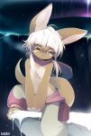  abstract_background absurd_res ambiguous_gender anthro baggy_pants clothed clothing digital_media_(artwork) female_(lore) fur hair hi_res made_in_abyss nanachi partially_clothed paws sad scarf solo tan_body tan_fur tsampikos white_hair yellow_eyes 
