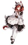  1girl absurdres alternate_costume animal_ears apron black_bow black_footwear black_skirt bow closed_mouth full_body hair_bow highres horse_ears horse_girl horse_tail long_sleeves looking_at_viewer maid maid_apron maid_headdress mary_janes medium_hair migolu nice_nature_(umamusume) pantyhose red_hair shoes sidelocks simple_background skirt solo standing tail umamusume white_apron white_background white_pantyhose yellow_eyes 